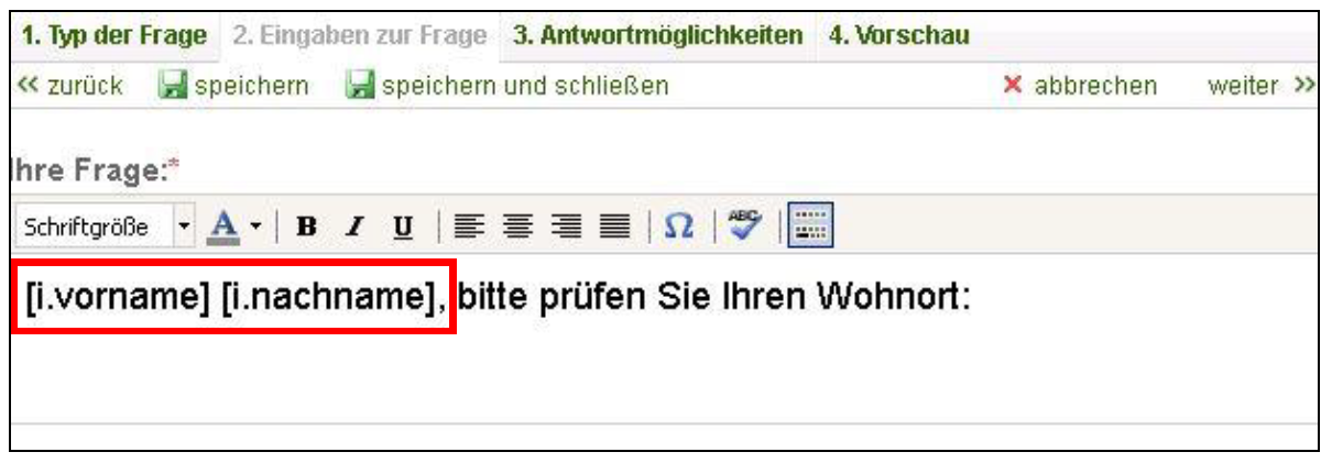 Screenshot Fragentext mit Platzhalter für Zusatzdaten versehen