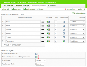Antwortmöglichkeiten fest anordnen