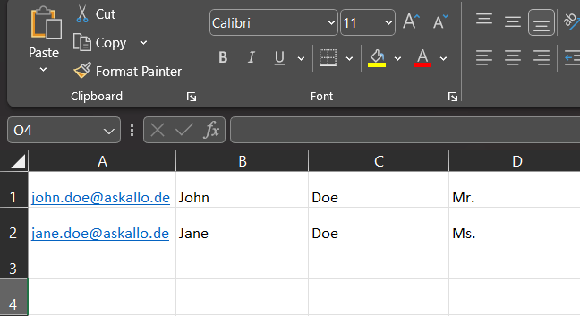 Excel list excerpt